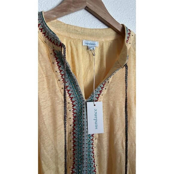 Sundance Catalog Embroidered Top Yellow Beaded Tassel Linen Long Sleeve, Large - Picture 2 of 6